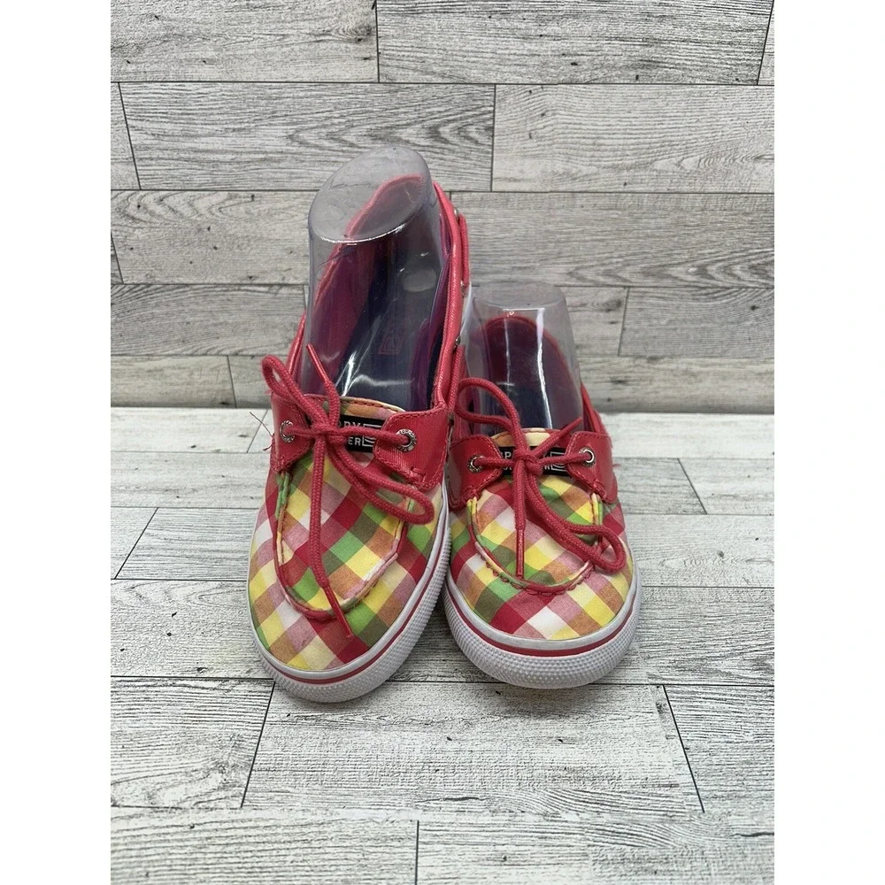 Sperry Top-Sider Pink Yellow Green Plaid Boat Loafer‎ Shoes Size 4.5M Biscayne